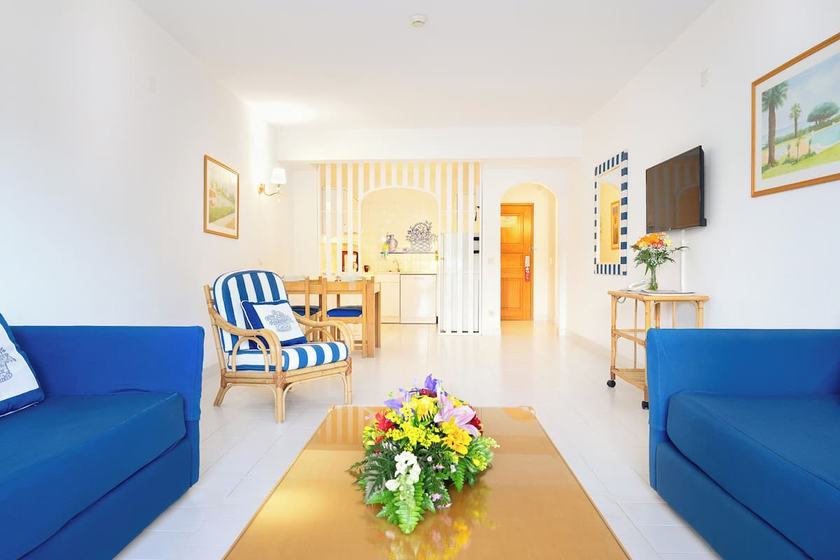 A living room with two blue sofas, a striped armchair, a coffee table with a floral arrangement, a dining area with a table and chairs, and a TV mounted on the wall.