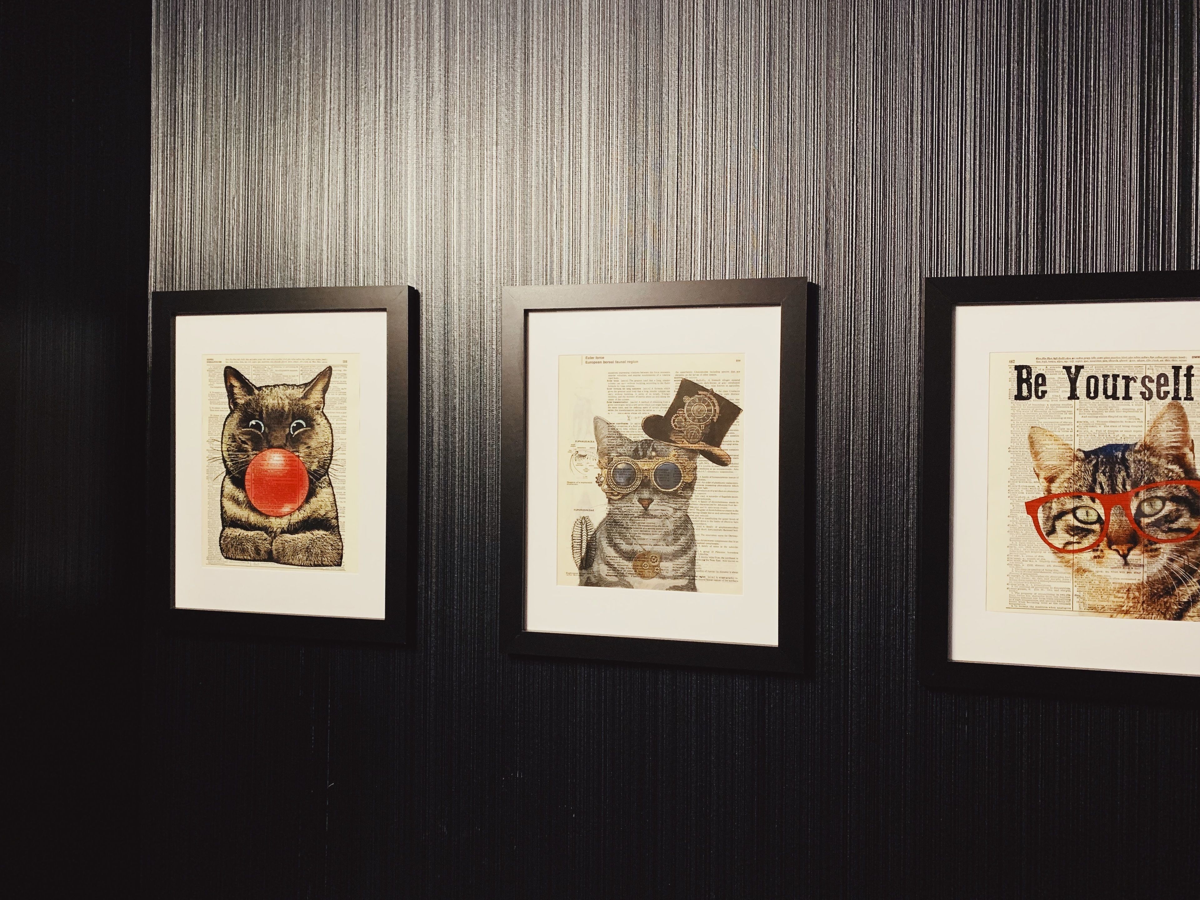 Tres obras de arte enmarcadas sobre una pared oscura.