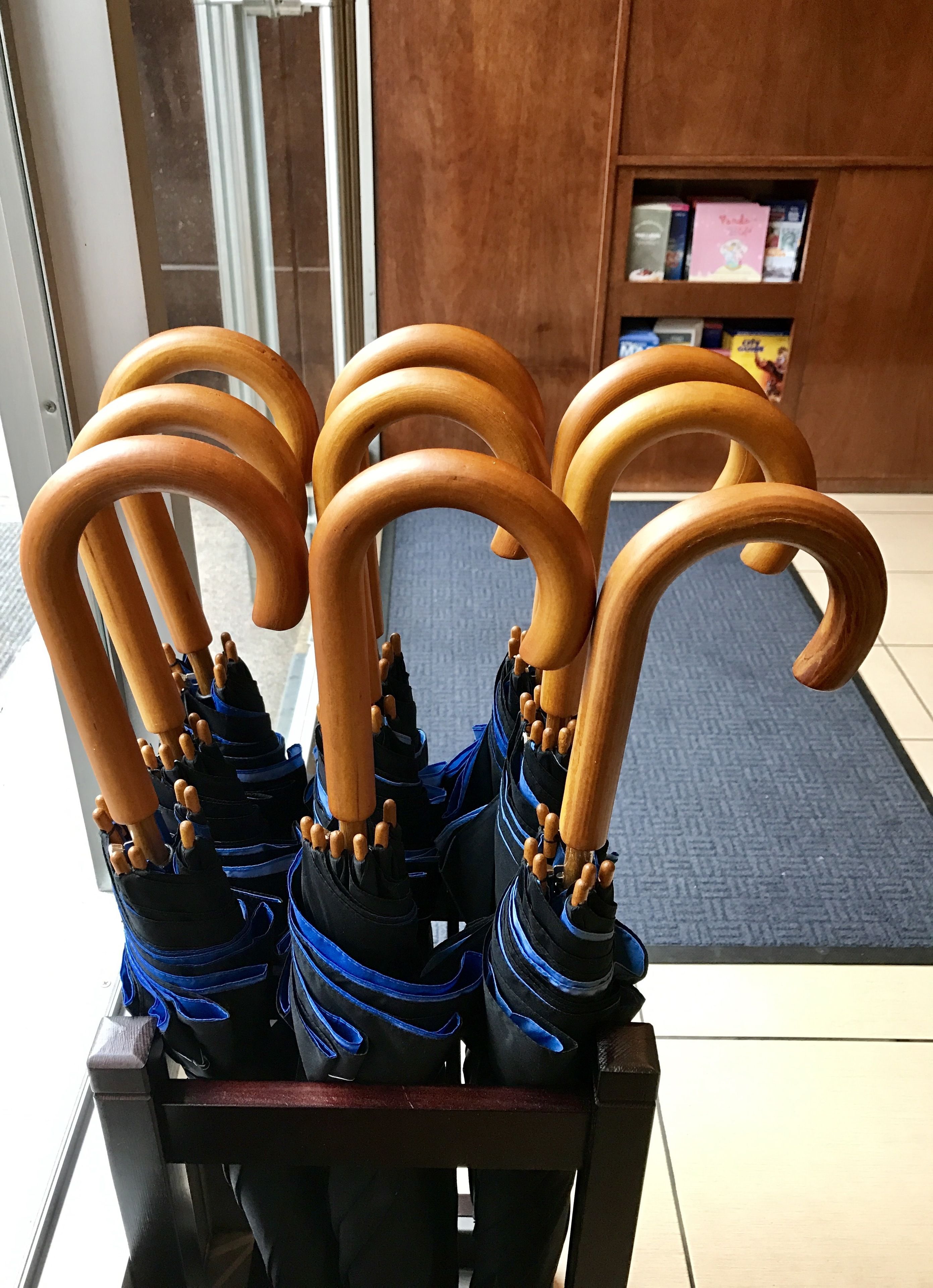 A row of black umbrellas with wooden handles and blue accents, likely for guests to use.