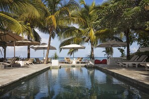 Outdoor pool, pool umbrellas, pool loungers