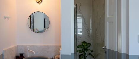 A bathroom with a round sink, a mirror, a wall-mounted light, and a potted plant.