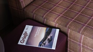 A plaid sofa with a purple pillow and a magazine on it. - Hotel Geisler Tulfes (Tulfes)