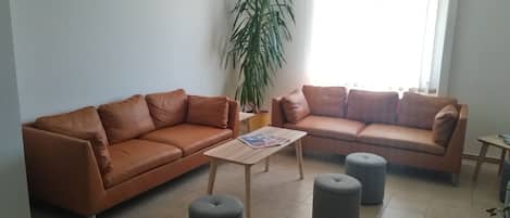 Een woonkamer met twee bruine leren banken, een houten salontafel en grijze voetenbankjes. In de hoek staat een grote potplant.