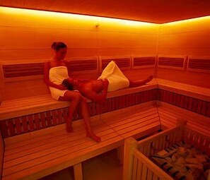 Sauna, jossa on puiset lauteet ja jalkatuilla varustetut lauteet.