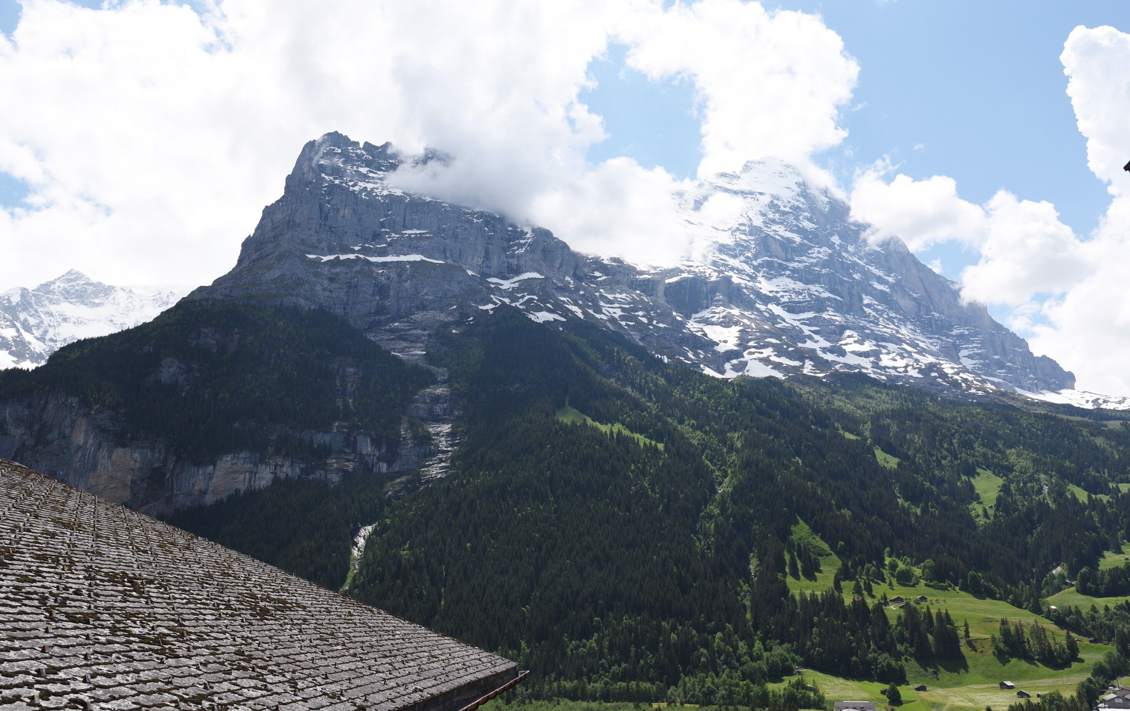 Une montagne aux sommets enneigés et une vallée boisée.