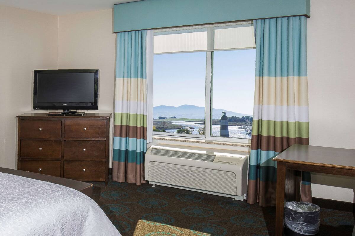 A hotel room with a bed, a TV, a dresser, a desk, a window with curtains, and a view of a landscape.