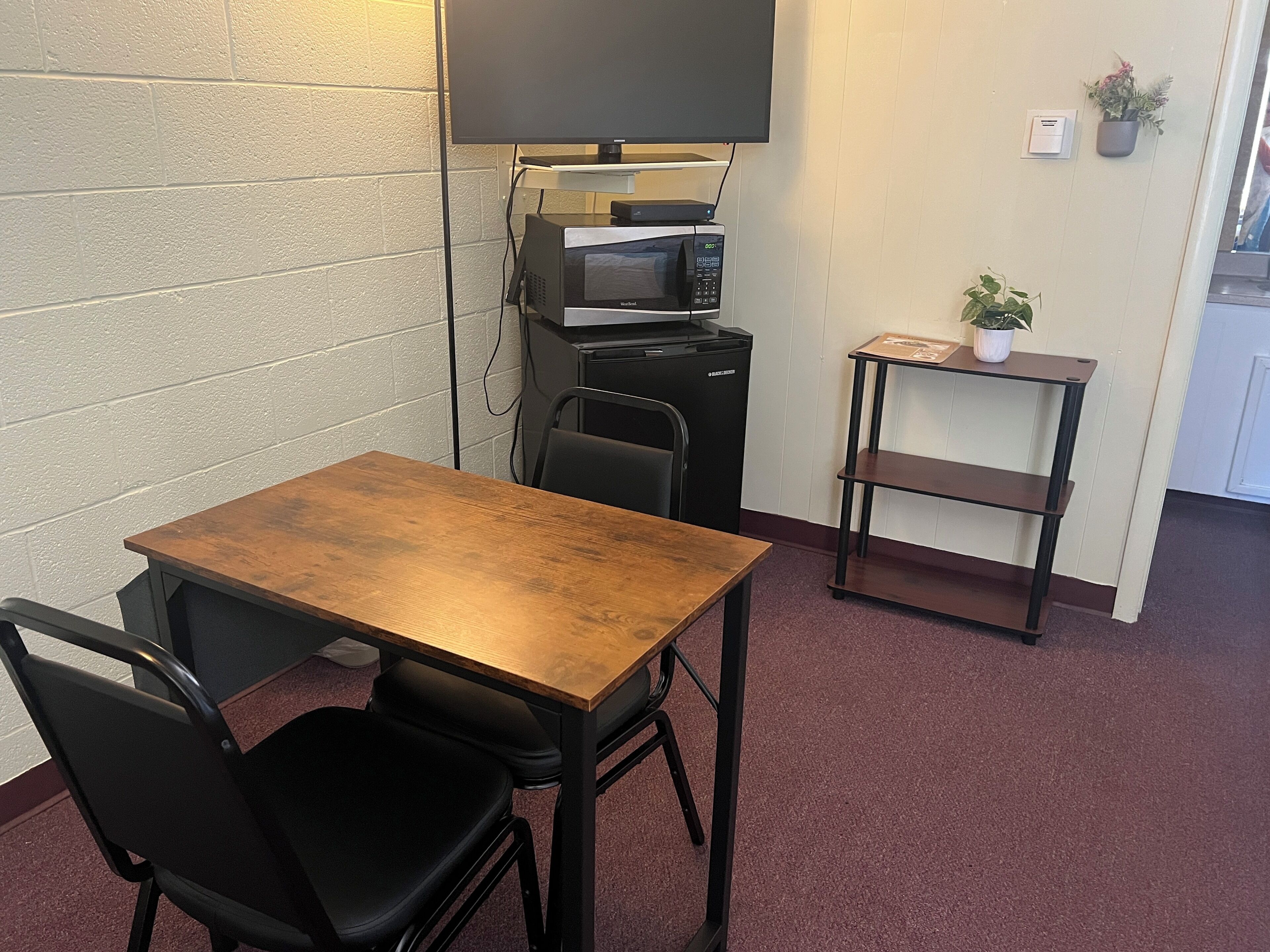 A small kitchenette with a microwave, a coffee maker, and a TV. There is a wooden table and two chairs. A small shelf with a plant is also visible.