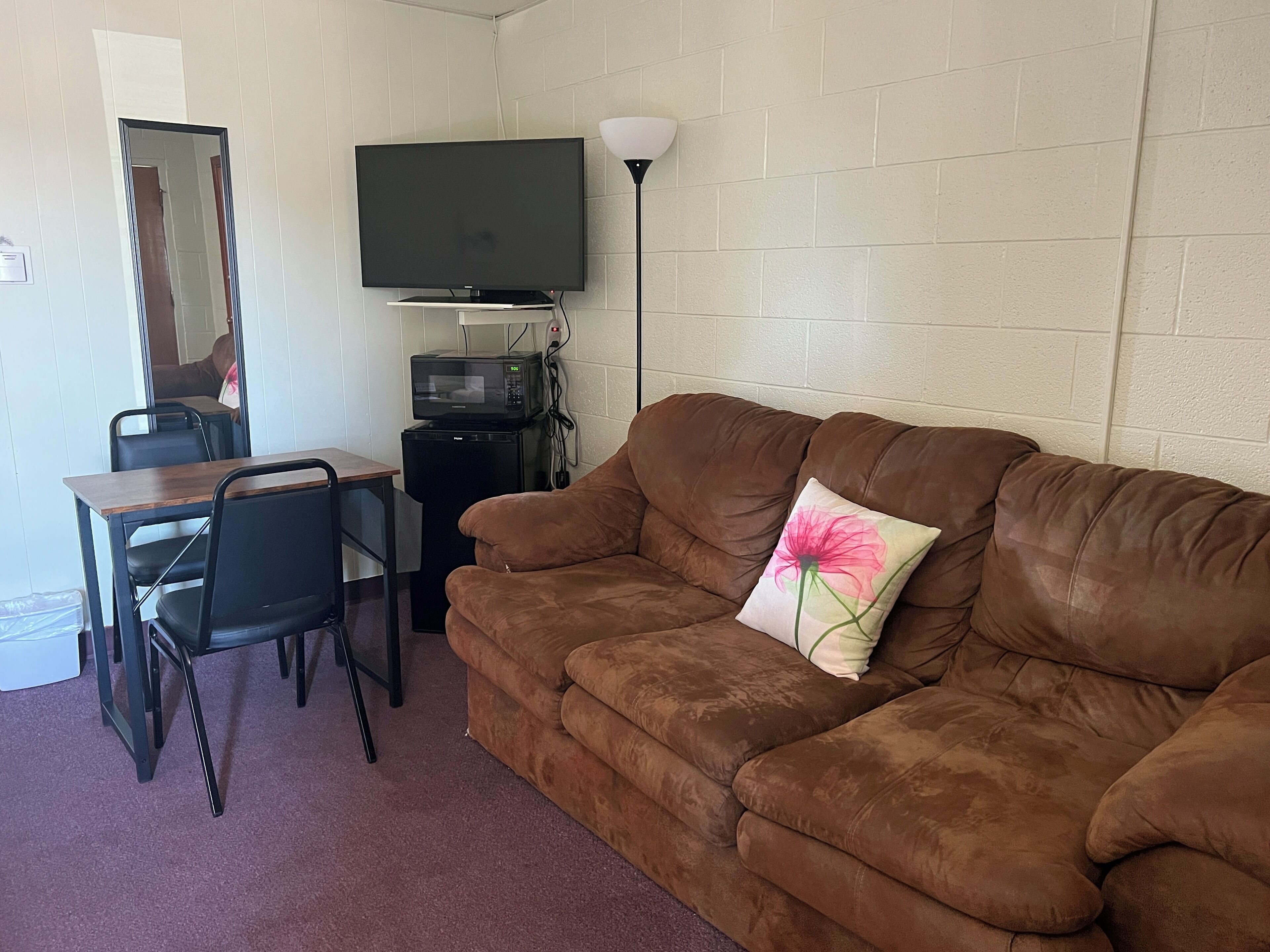 A living room with a brown couch, a small table, a chair, a flat-screen TV, a microwave, and a lamp.