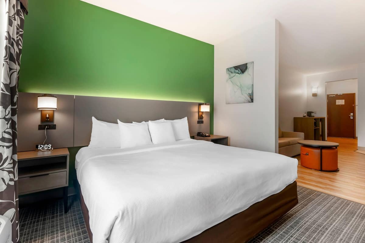 A hotel room with a large bed, two bedside tables with lamps, a clock, a painting on the wall, and a wooden floor.