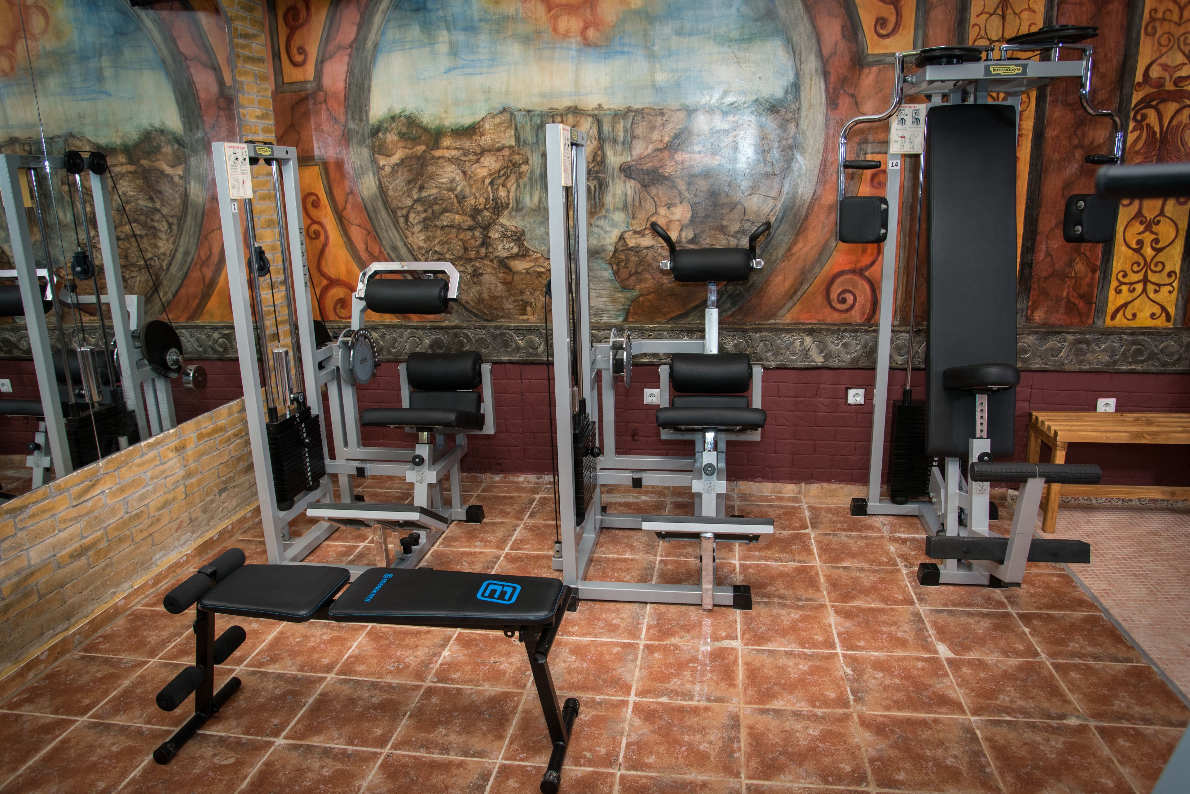 A gym with various exercise equipment, a bench, and a mural on the wall.