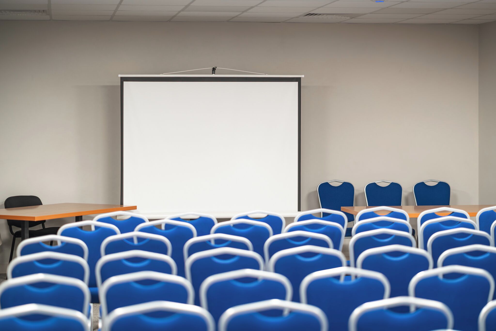 Una sala conferenze con uno schermo bianco grande, sedie blu e un tavolo di legno.