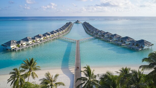 A resort with overwater bungalows connected by a dock, a beach, and palm trees.