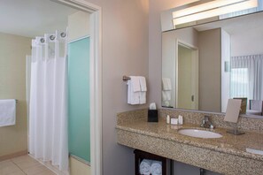 Une salle de bain équipée d’un lavabo, d’un miroir, d’un porte-serviettes et d’un rideau de douche.