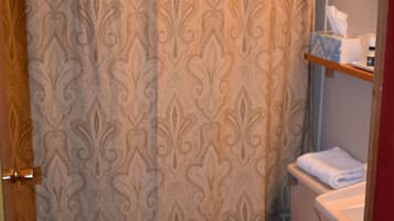 A bathroom with a patterned shower curtain, a toilet, and a shelf with toiletries.