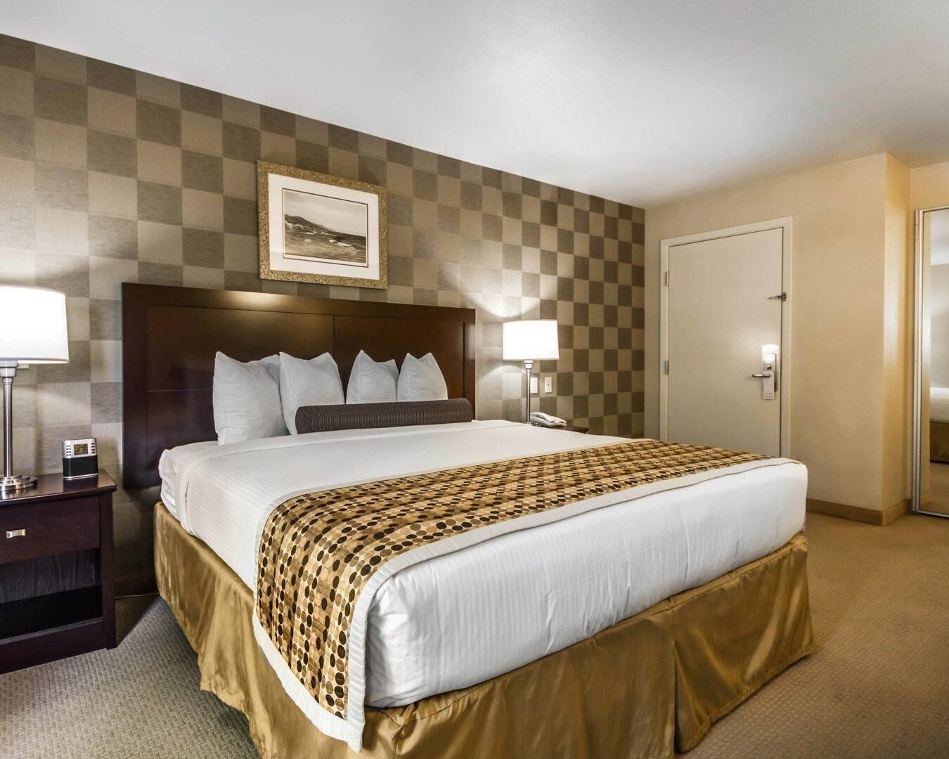 A hotel room with a large bed, a nightstand, a lamp, a framed picture on the wall, and a door.