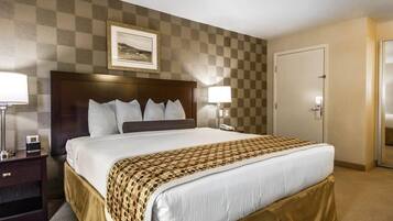 A hotel room with a large bed, a nightstand, a lamp, a framed picture on the wall, and a door.