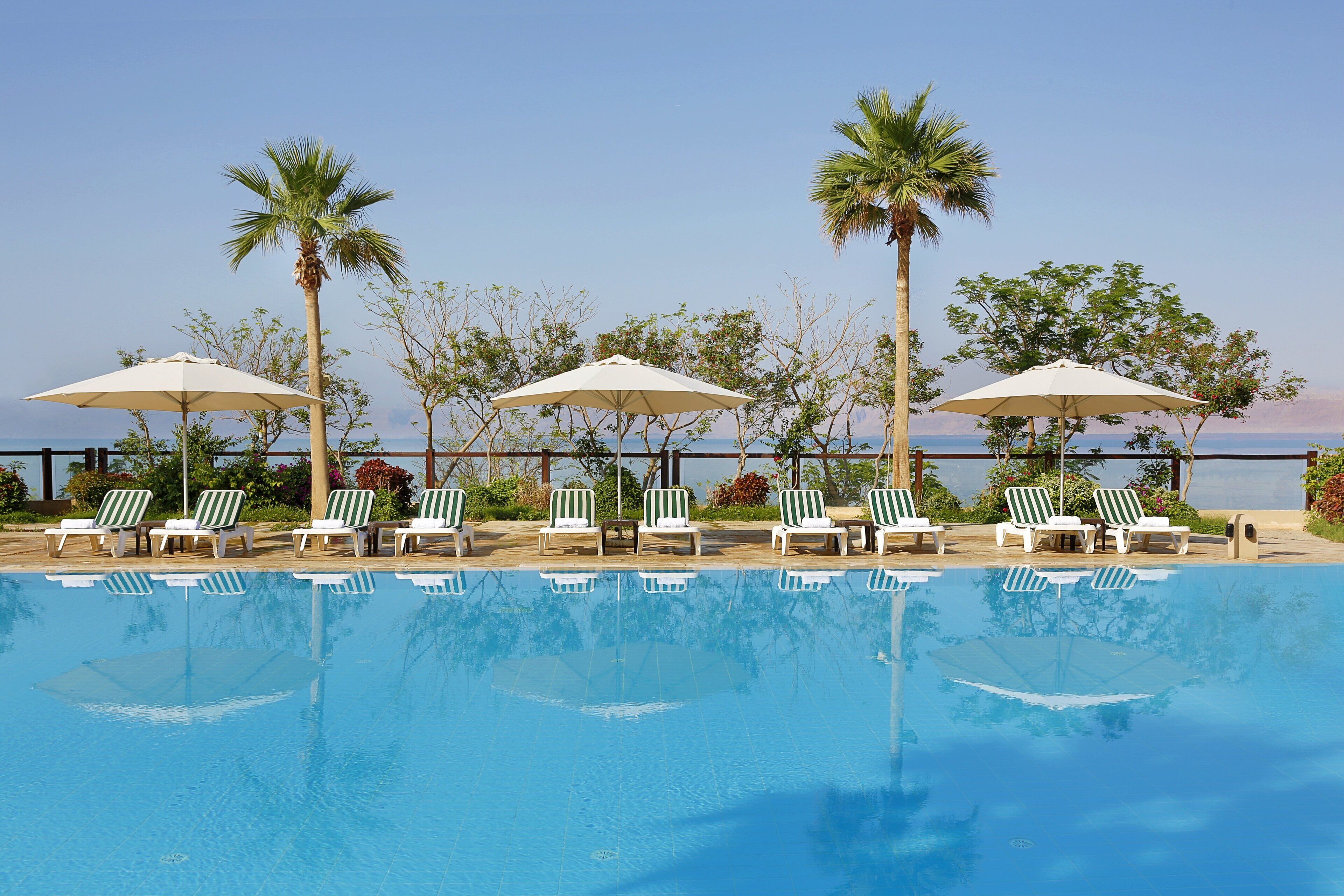 A poolside area with lounge chairs and umbrellas, palm trees, and a clear view of the sea.