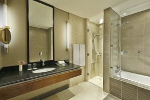 Combined shower/tub, free toiletries, hair dryer, bathrobes