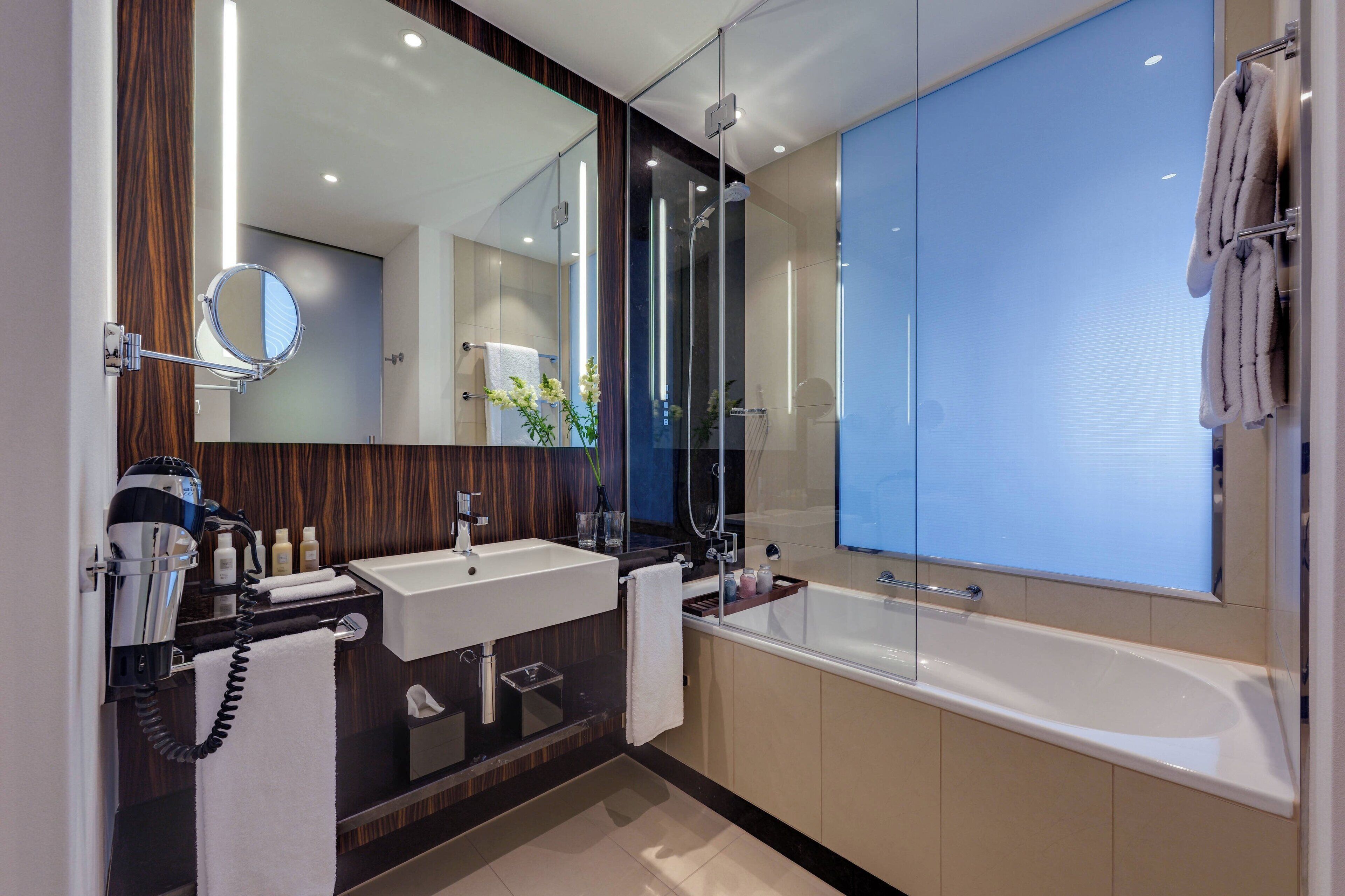 free toiletries, hair dryer, towels, soap