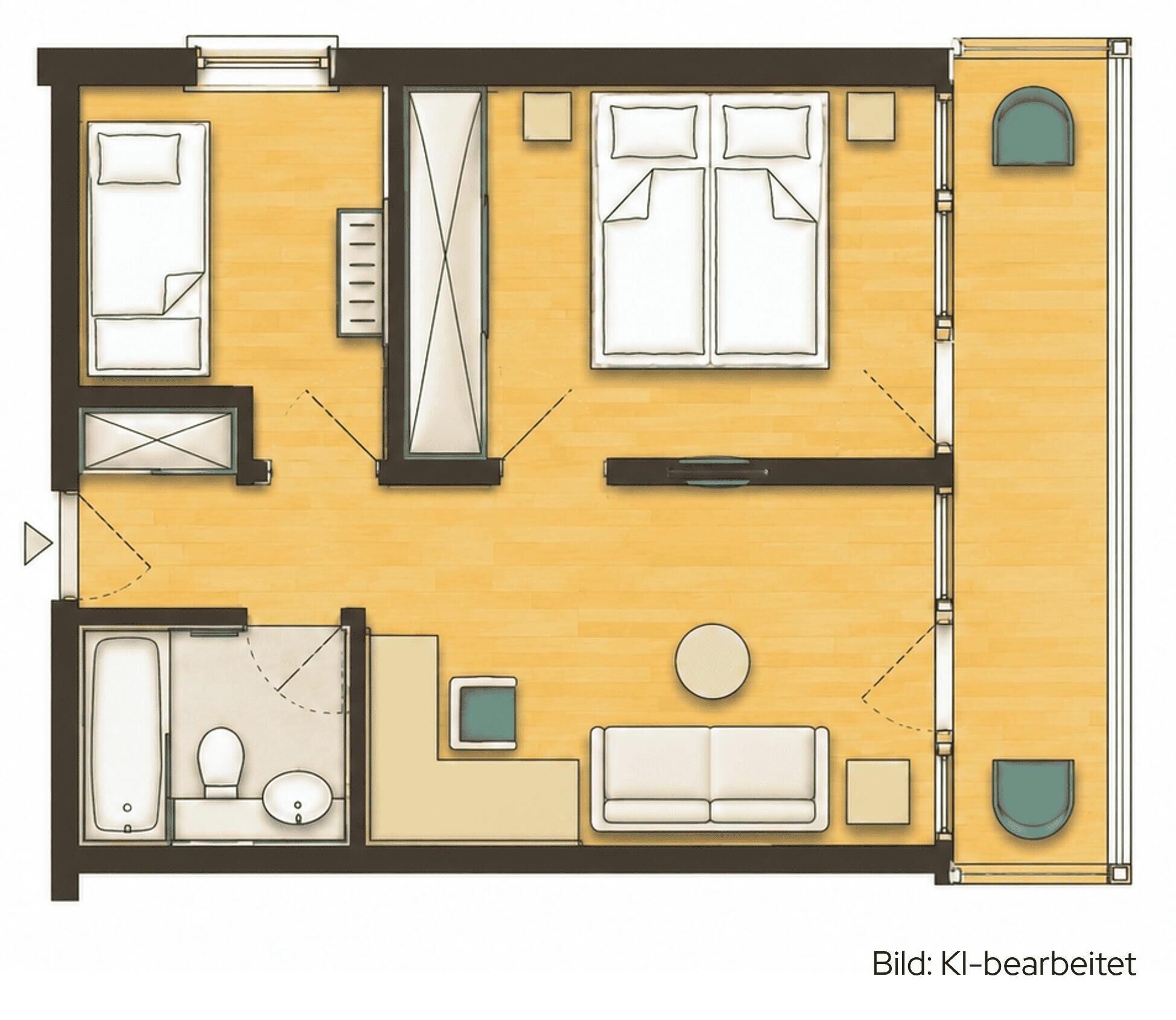A hotel room layout with a bed, two bedside tables, a desk, a chair, a sofa, a small table, a round table, a window, and a door.