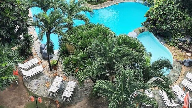 Une grande piscine extérieure entourée de palmiers et de chaises longues, avec un bâtiment en arrière-plan.