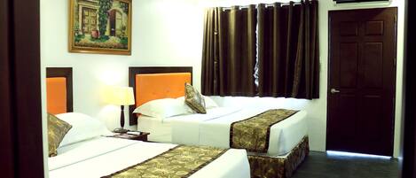 A hotel room with two beds, a painting on the wall, a door, and a curtain.