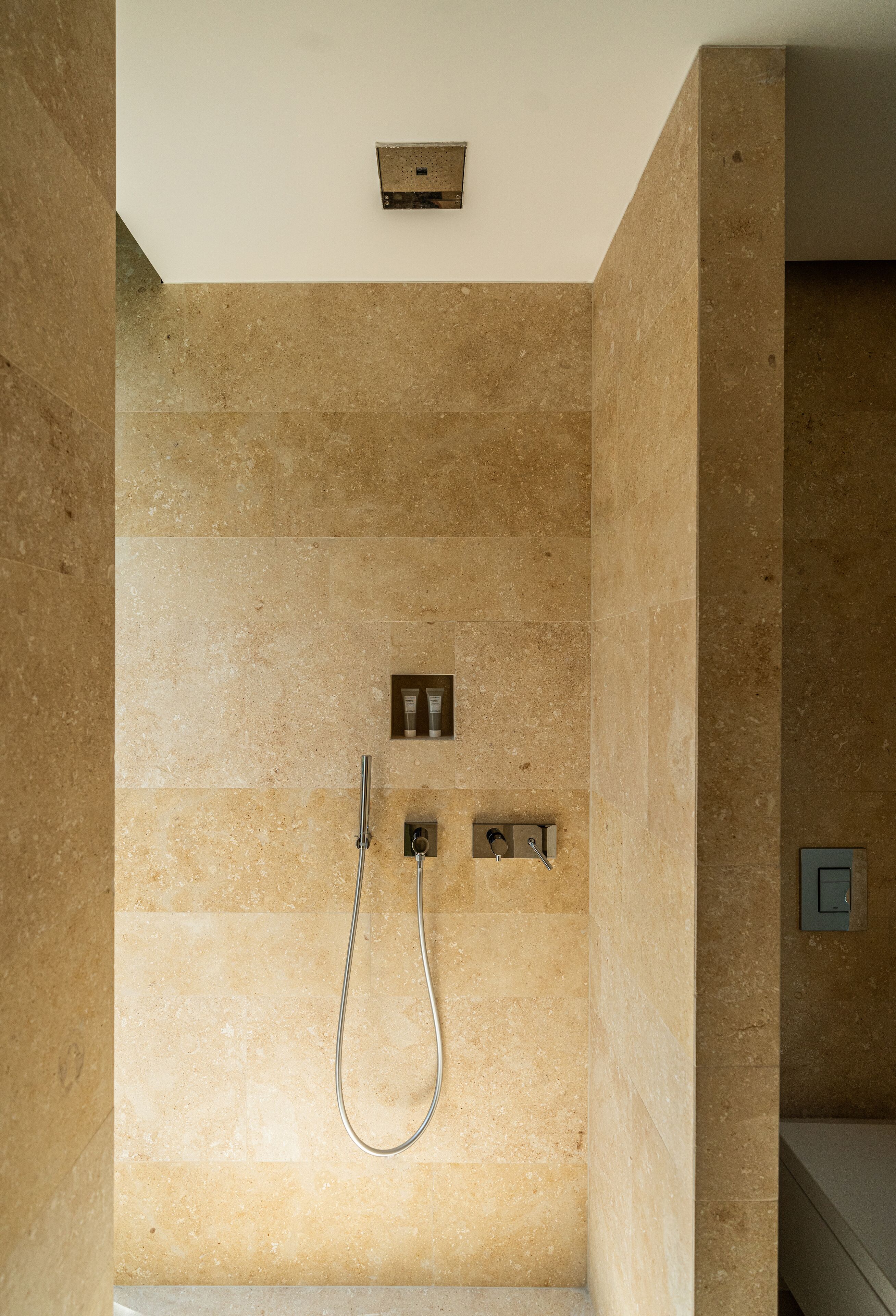 shower, rainfall showerhead, designer toiletries, hair dryer