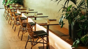 Un restaurante con mesas y sillas de madera, plantas en macetas y una pared de hormigón.
