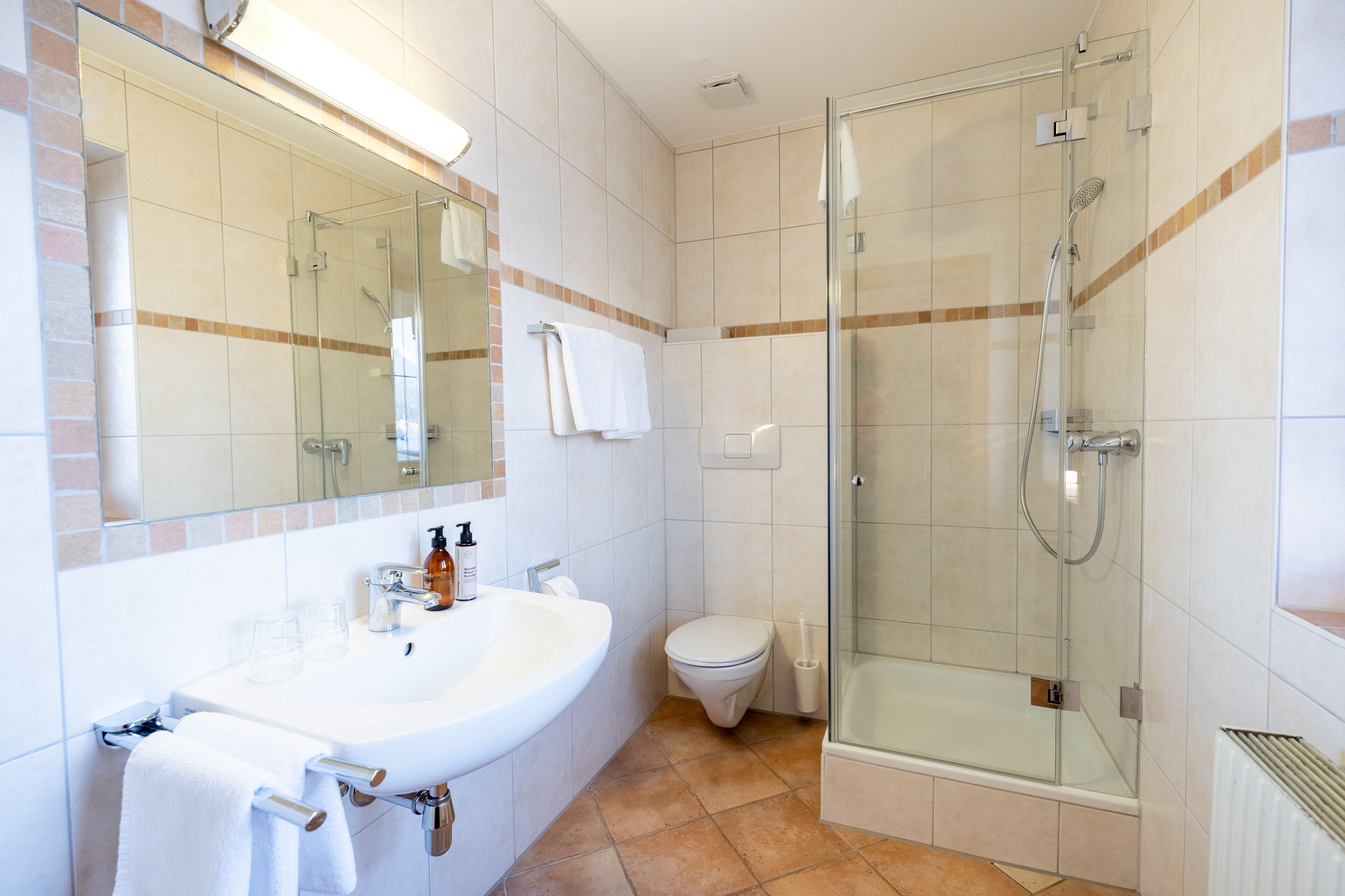 A modern bathroom with a glass-enclosed shower, a white sink, and a toilet.
