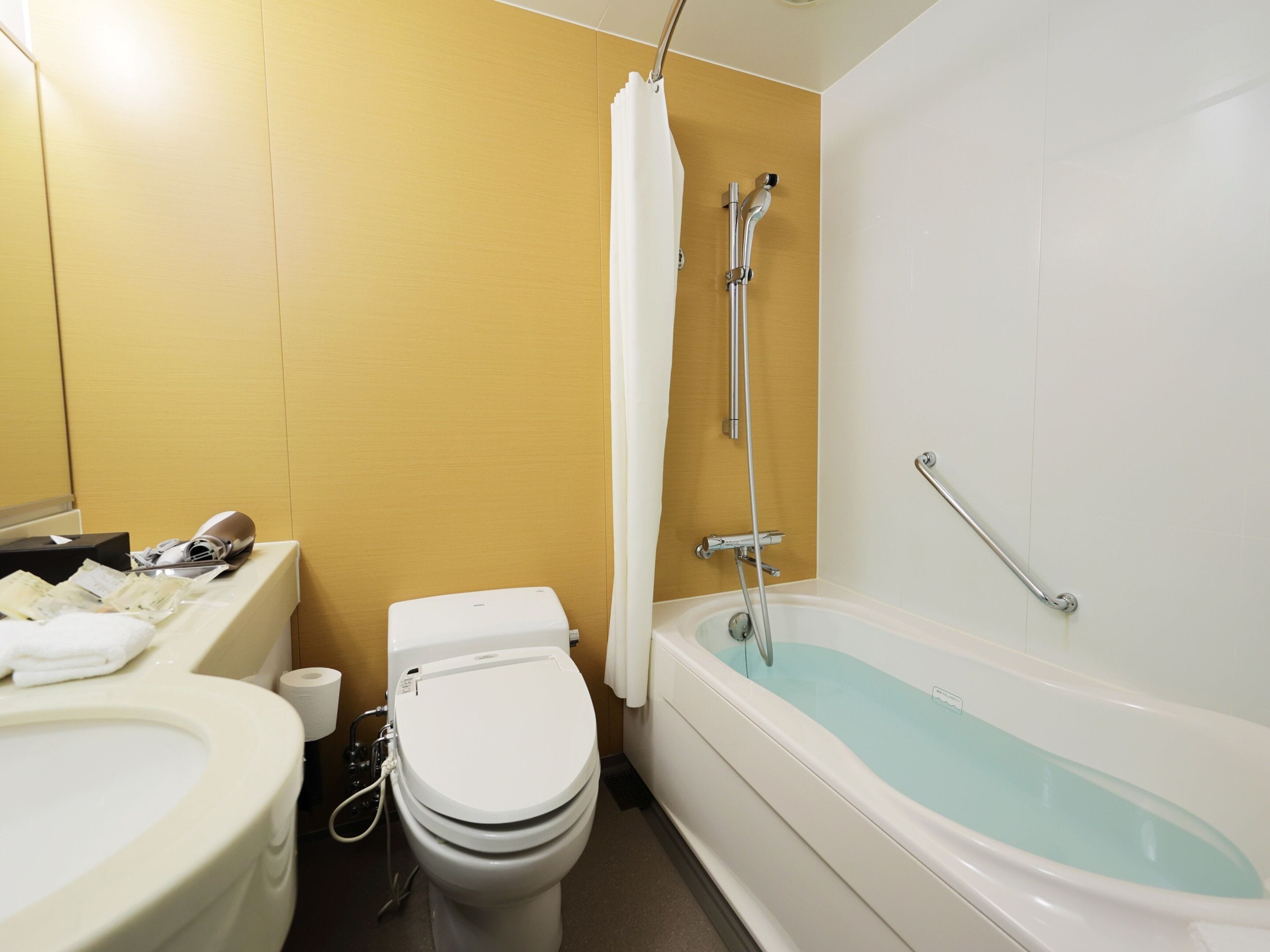 Une salle de bain équipée de toilettes, d’un bidet et d’une baignoire.