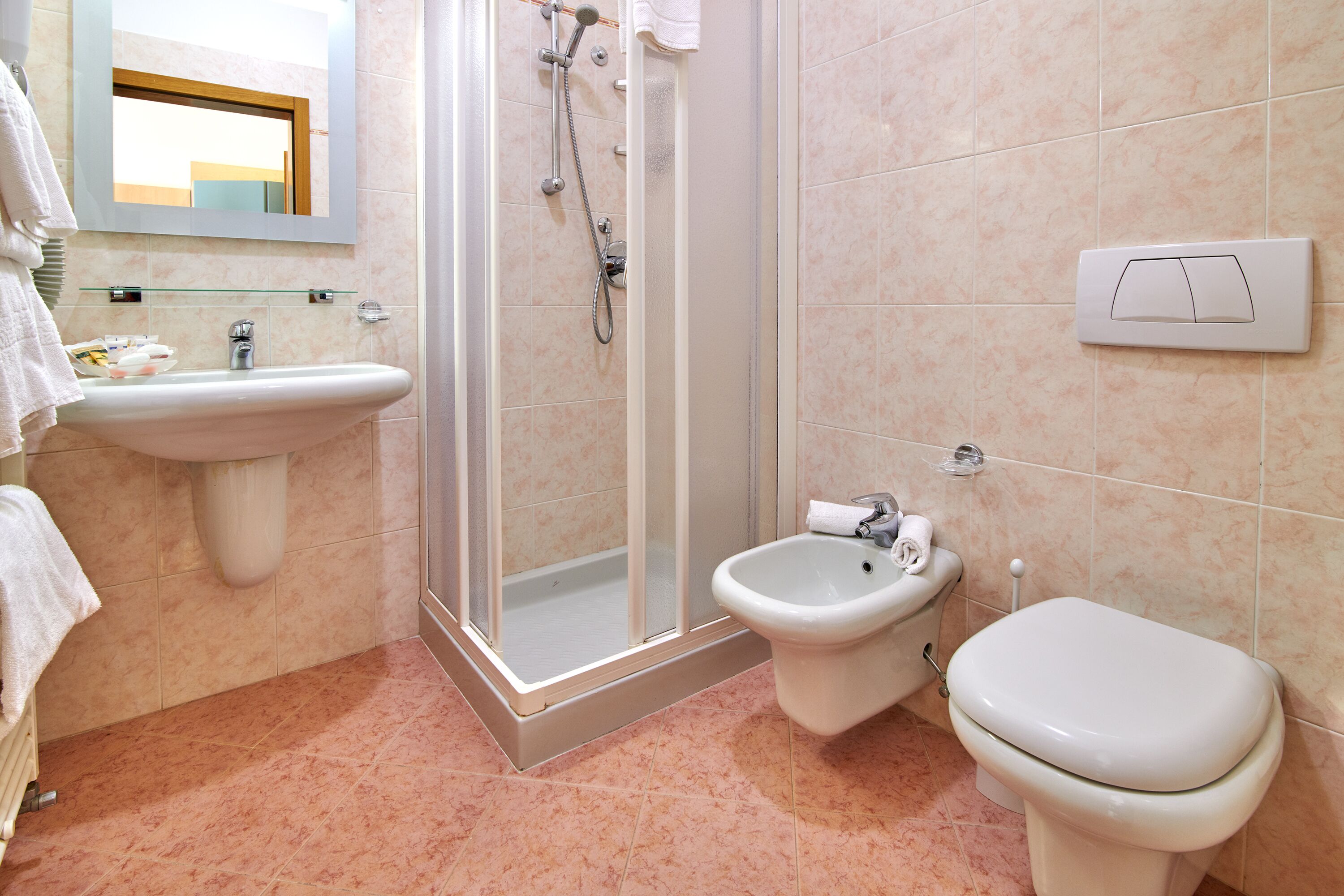 hair dryer, bidet, towels