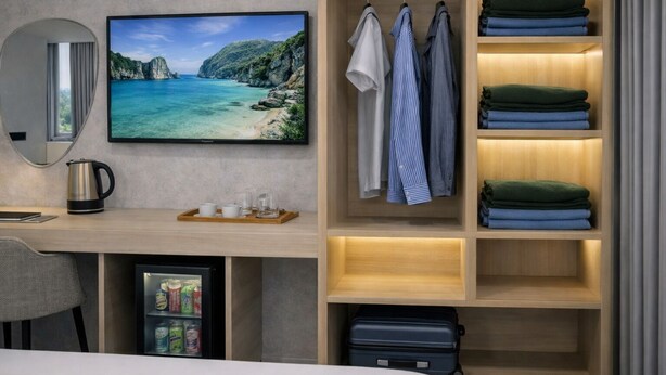 Habitación de hotel con cama, escritorio con cafetera, televisor mostrando una escena de playa, armario con ropa doblada y minibar con bebidas.