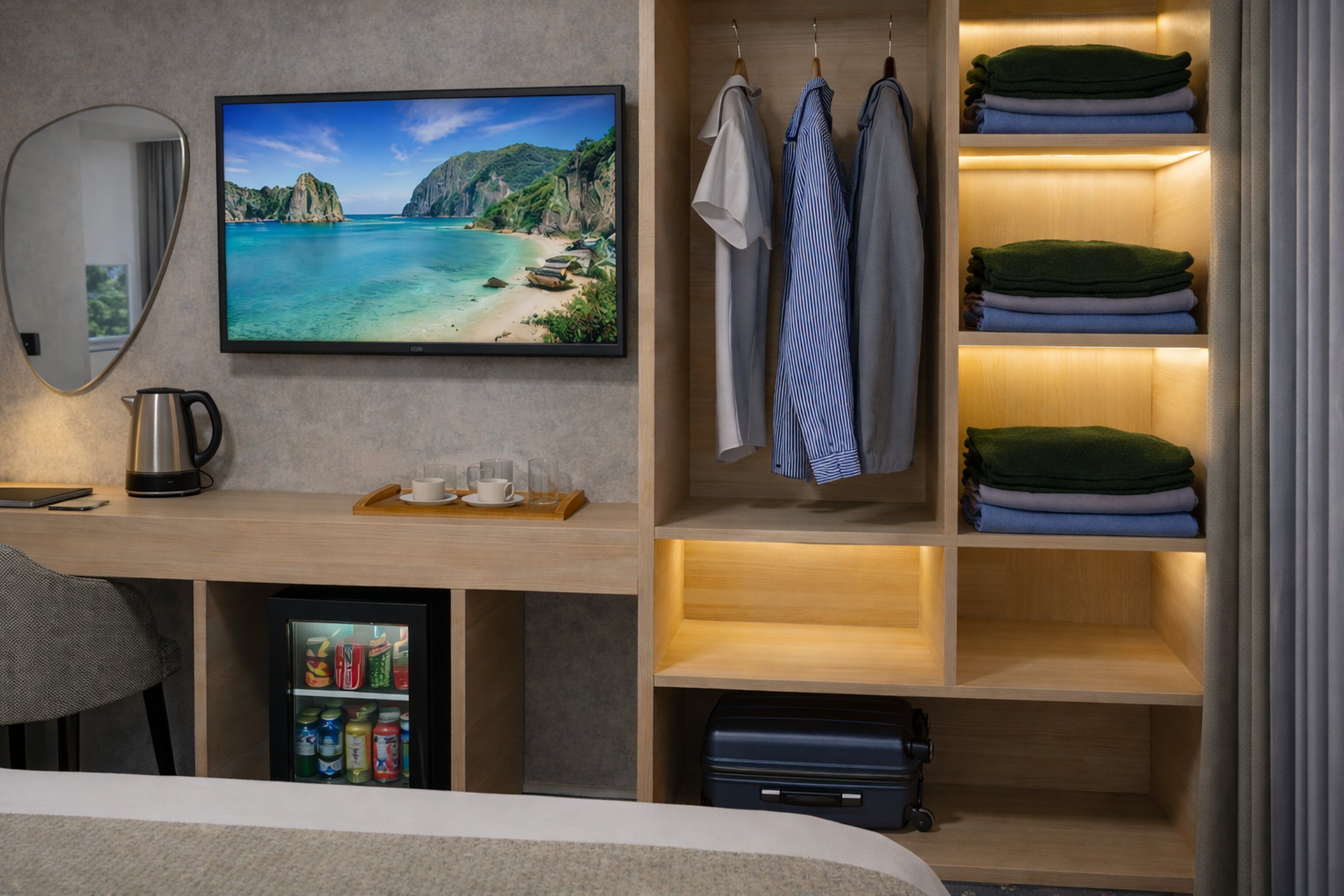 Minibar, caja de seguridad en la habitación y escritorio 