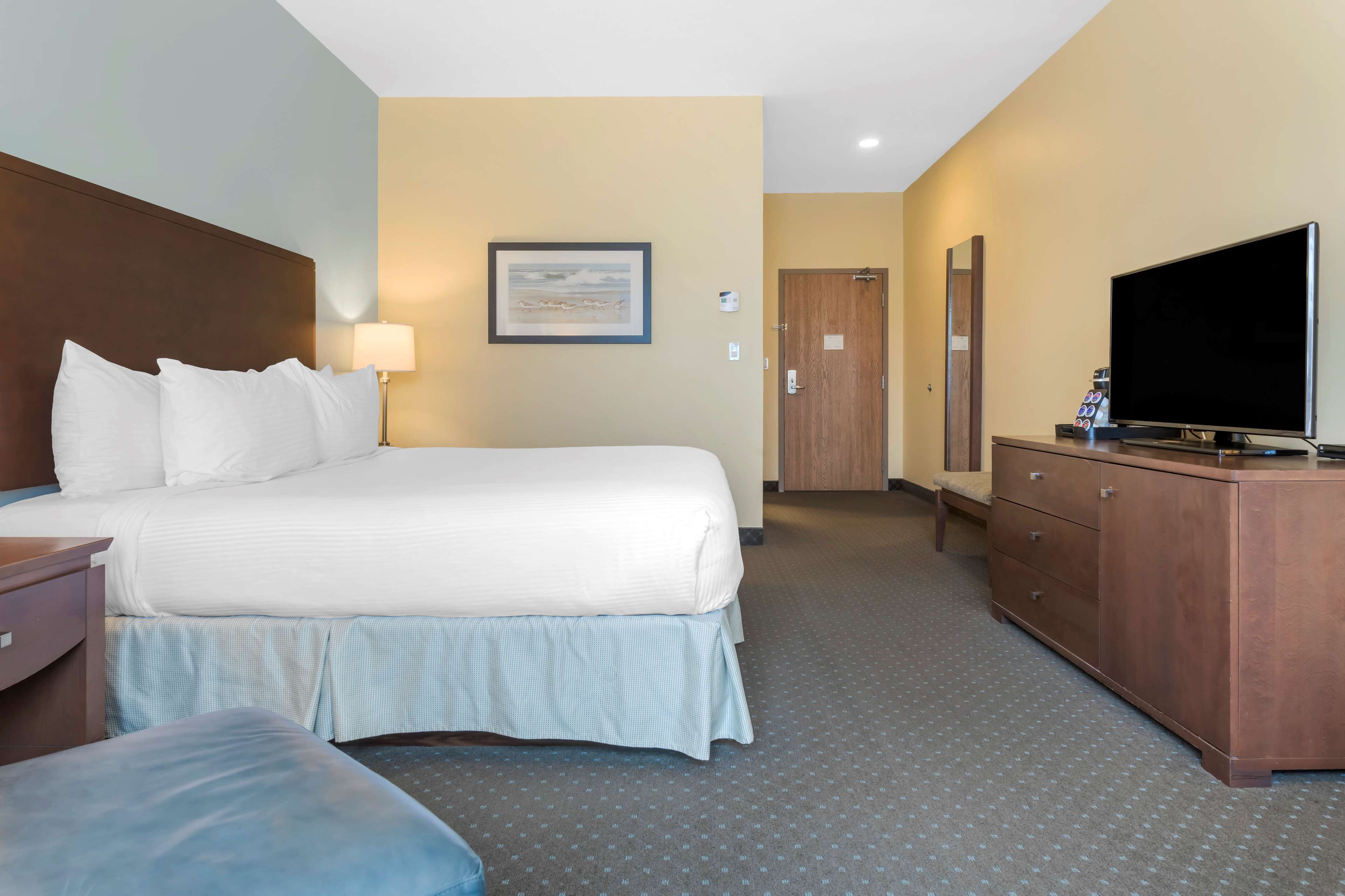A hotel room with a large bed, a TV, a dresser, and a framed picture on the wall.