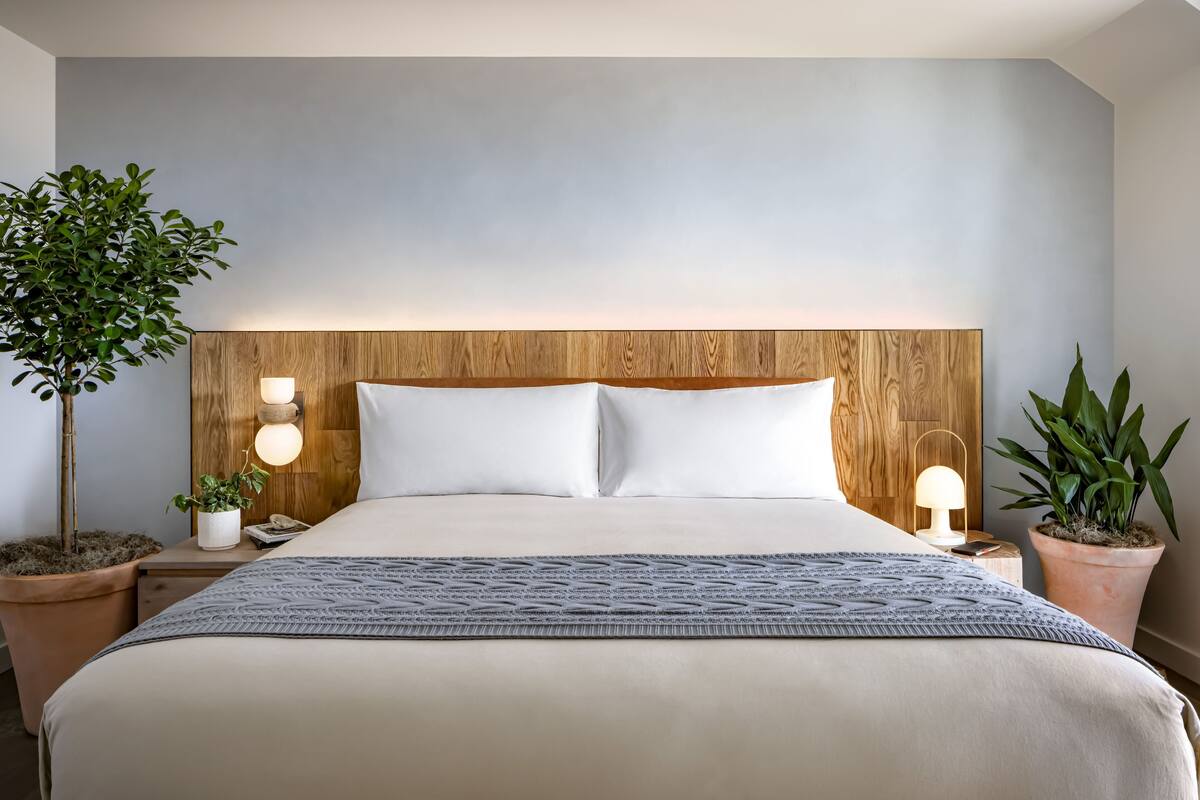 Un lit bien fait, avec une tête de lit en bois, deux tables de chevet avec des lampes et des plantes en pot de chaque côté.