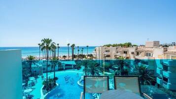 Outdoor pool, pool umbrellas, pool loungers
