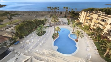 Outdoor pool, pool umbrellas, pool loungers