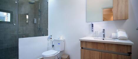 A modern bathroom with a glass shower enclosure, a white toilet, a wooden vanity with a mirror, and a white sink.
