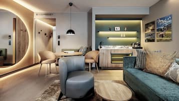 Uma sala de estar moderna com sofá, cadeiras, mesa de centro e área de cozinha com bancada e prateleiras.