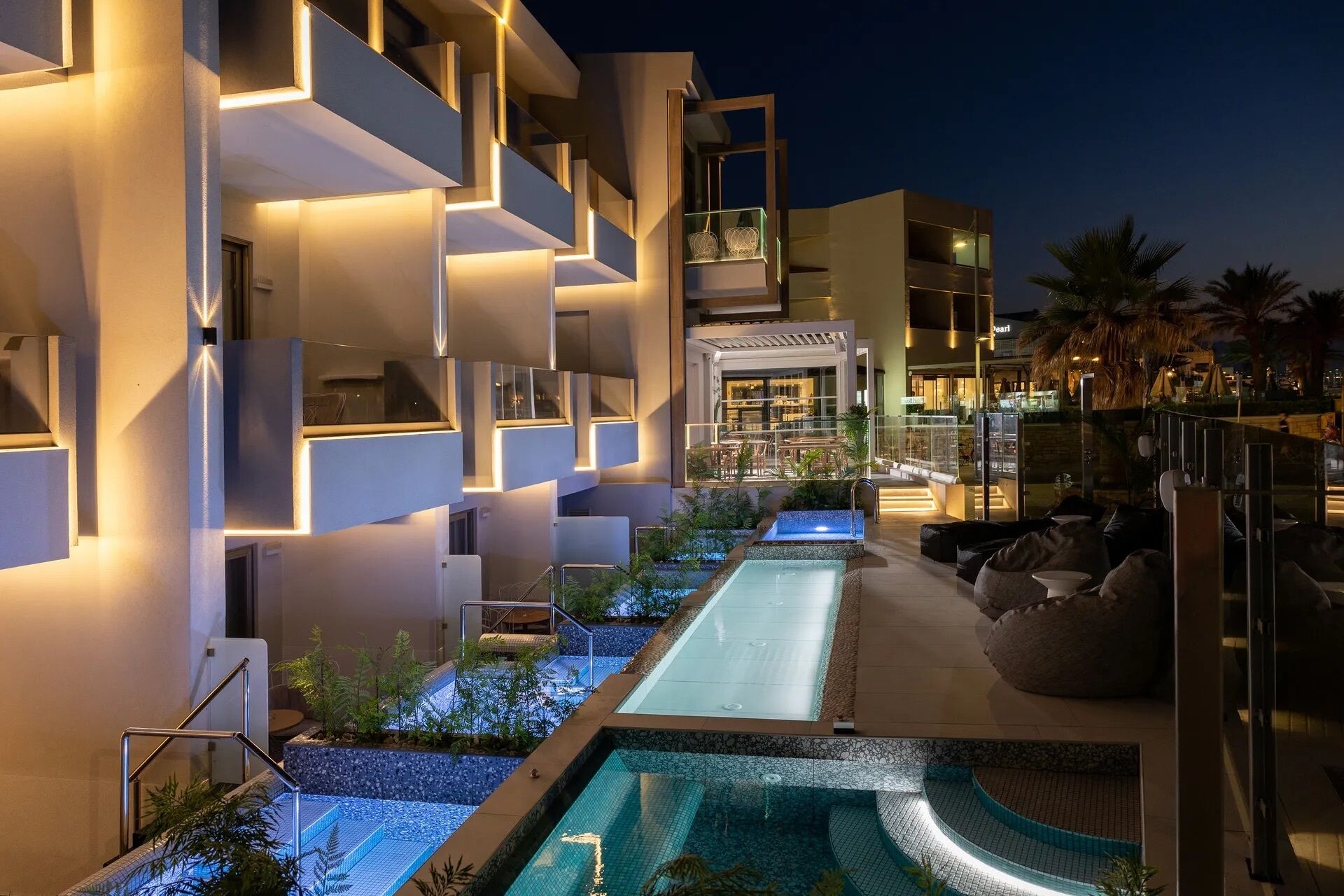 Outdoor pool, pool umbrellas, pool loungers
