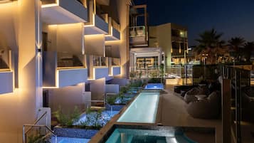 Outdoor pool, pool umbrellas, pool loungers