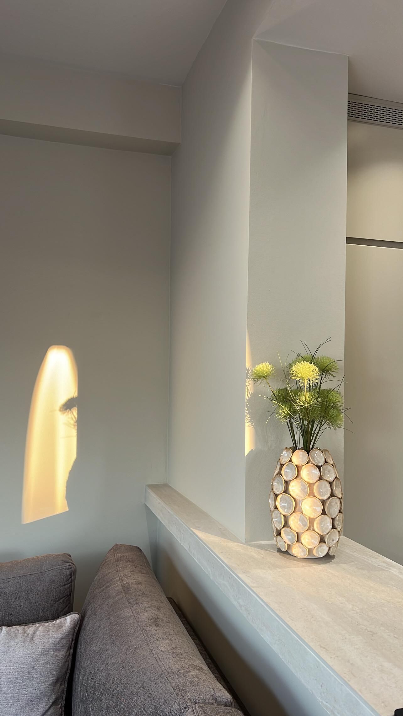 A modern interior with a sofa, a wall-mounted vase with flowers, and a shadow on the wall.