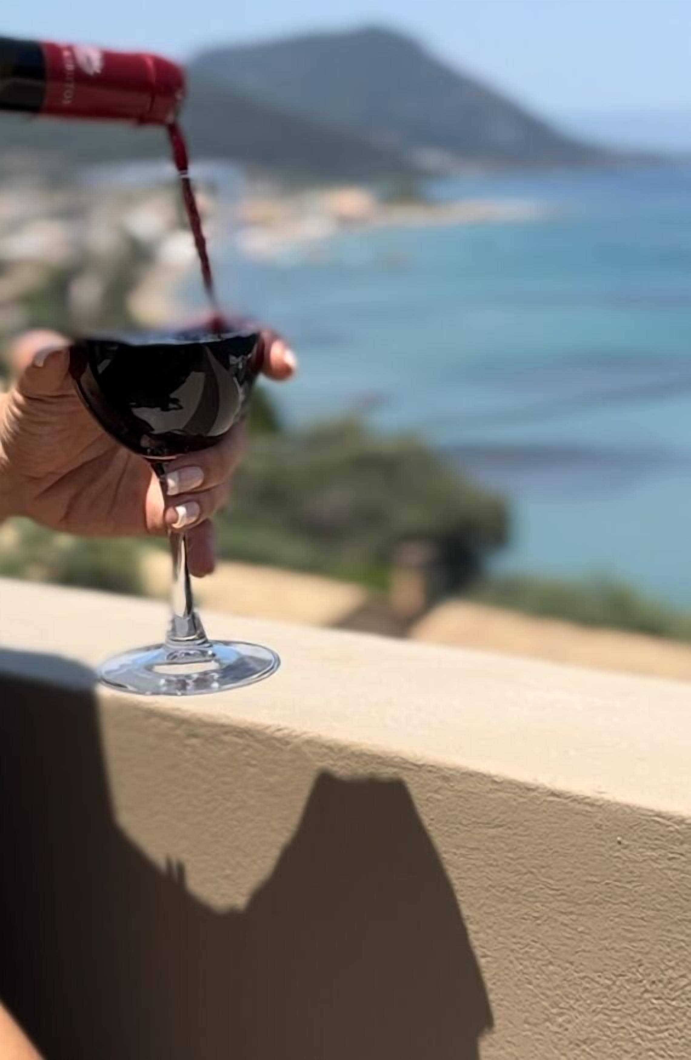 A hand pouring red wine into a glass.