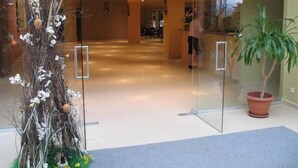 Un hall d’entrée moderne avec une entrée en verre, un arbre décoratif et une plante en pot.