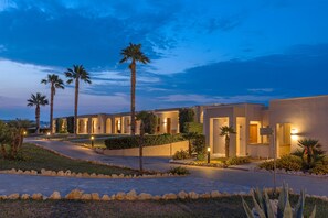 Un hotel moderno con una entrada bien iluminada, palmeras y un camino de piedra.