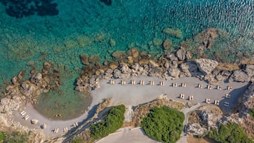 Di pantai, kursi berjemur, payung pantai, dan handuk pantai