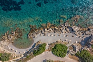 On the beach, sun loungers, beach umbrellas, beach towels