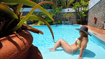 Outdoor pool, pool umbrellas, pool loungers