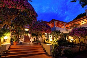Una escalera bien iluminada que conduce a un edificio con un patio cubierto, rodeado de macetas con plantas y árboles florecientes.