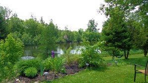 A serene garden with a pond, lush greenery, and a bench. - Motel Des Deux Lacs Inc (Shefford)